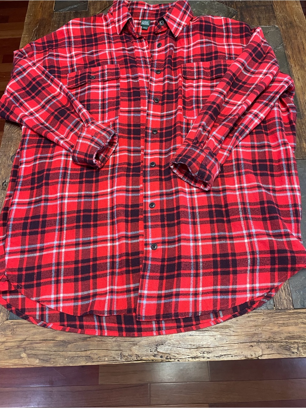 wild fable Red and Black Plaid Button-Down Shirt with Tiger on back.